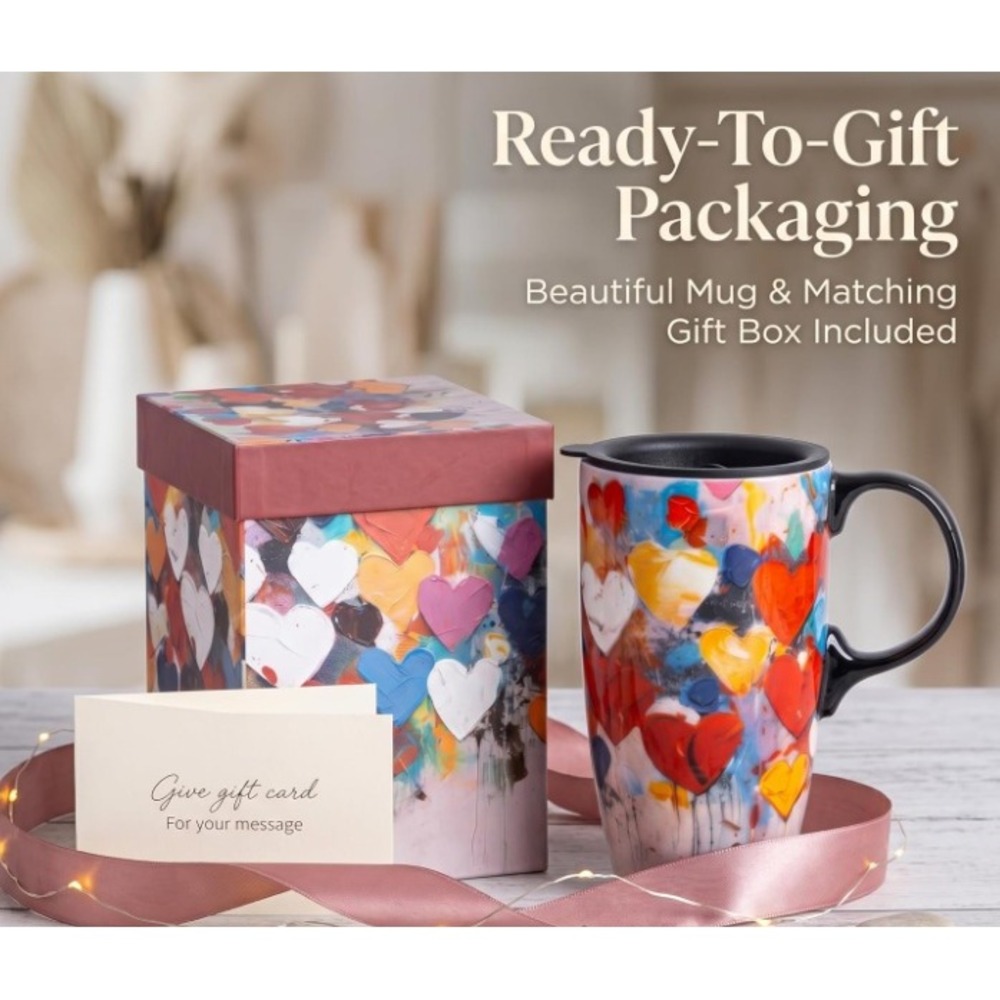Ceramic Travel Mug Unisex 17oz Multicolor Heart Print Gift Box - Picture 2 of 4